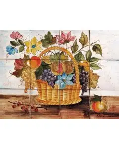 Deruta rectangular tile panel featuring a fruit basket handmade by Antica Deruta - Italy