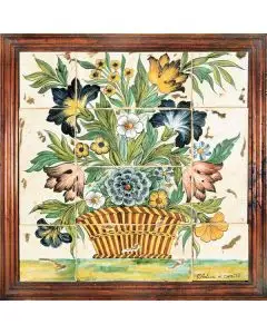 Deruta tile panel with a wooden frame featuring a basket with flowers handmade by Antica Deruta - Italy