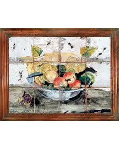 Deruta tile panel with a wooden frame featuring fruit handmade by Antica Deruta - Italy