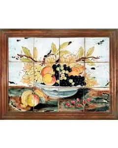 Deruta rectangular tile panel with a wooden frame featuring fruit handmade by Antica Deruta - Italy