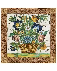 Deruta tile panel with a terracotta frame featuring a basket with flowers handmade by Antica Deruta - Italy