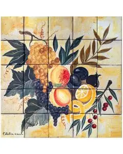 Deruta tile panel featuring grapes and lemons handmade by Antica Deruta - Italy