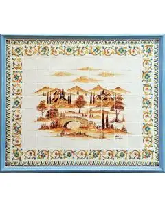 Deruta tile panel with a wooden frame featuring a landscape handmade by Antica Deruta - Italy
