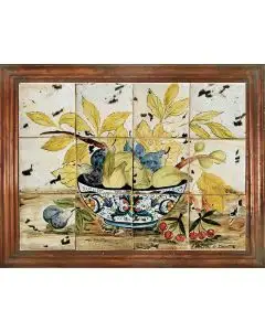 Deruta Fruit tile panel with a wooden frame handmade by Antica Deruta - Italy