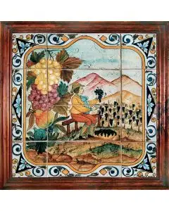 Deruta Autumn tile panel with a wooden frame from the Four Seasons collection handmade by Antica Deruta - Italy