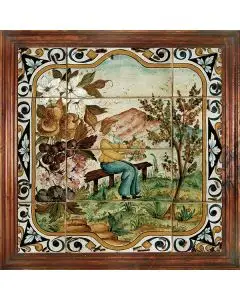 Deruta Spring tile panel with a wooden frame from the Four Seasons collection handmade by Antica Deruta - Italy