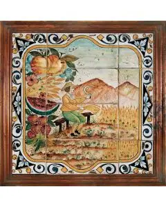 Deruta Summer tile panel with a wooden frame from the Four Seasons collection handmade by Antica Deruta - Italy