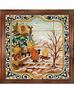 Deruta Winter tile panel with a wooden frame from the Four Seasons collection handmade by Antica Deruta - Italy