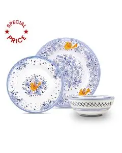 Handmade Italian 3-piece place setting Arabesco Celeste: dinner plate, salad & dessert plate, cereal bowl. Deruta, Italy