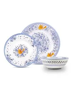 Handmade Italian 3-piece place setting Arabesco Celeste: dinner plate, salad & dessert plate, cereal bowl. Deruta, Italy