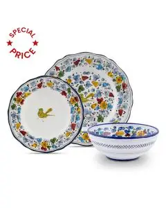 Handmade Italian 3-piece place setting Arabesco: dinner plate, salad & dessert plate, cereal bowl. Deruta, Italy