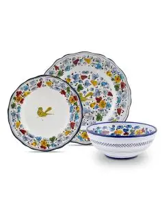 Handmade Italian 3-piece place setting Arabesco: dinner plate, salad & dessert plate, cereal bowl. Deruta, Italy