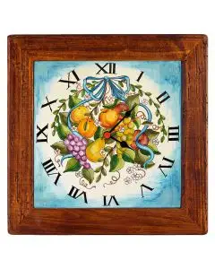 Deruta square wall clock 06 with a wooden frame from the Frutta collection, handmade by Antica Deruta - Italy