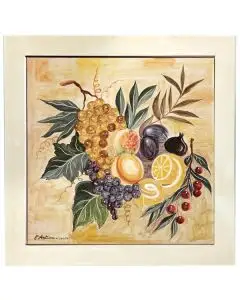 Deruta tile plaque with a wooden frame featuring grapes and lemons handmade by Antica Deruta - Italy