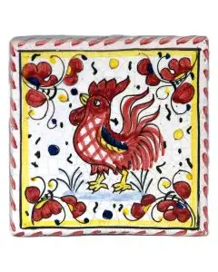 Hand-painted Deruta tile AD Galletto Rosso by Antica Deruta, Italy. The tile is entirely handcrafted.