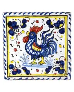Hand-painted Deruta tile AD Galletto Blu by Antica Deruta, Italy. The tile is entirely handcrafted.