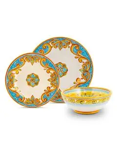 Handmade Italian 3-piece place setting Andrea: dinner plate, salad & dessert plate, cereal bowl. Deruta, Italy