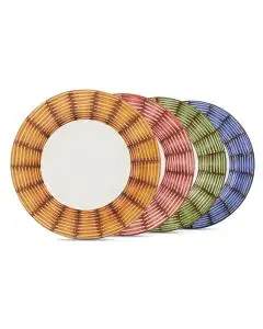 Handmade Italian set of 4 dinner plates from the Flora Deruta collection: azur, red, pea and violet. Deruta, Italy