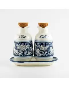 Italian oil and vinegar set with tray from the Rinascimento Blu e Bianco collection handmade by Ceramiche Rampini in Gubbio, Italy