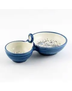 Italian double olive bowl from the Rinascimento Blu e Bianco collection handmade by Ceramiche Rampini in Gubbio, Italy