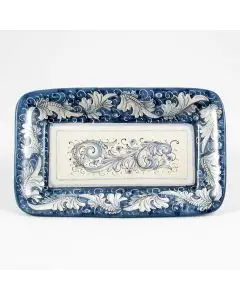Italian rectangular tray from the Rinascimento Blu e Bianco collection handmade by Ceramiche Rampini in Gubbio, Italy