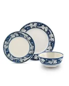 Handmade Italian 3-piece place setting Rinascimento Blu e Bianco: dinner plate, salad & dessert plate, cereal bowl. Gubbio, Italy