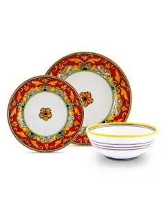 Handmade Italian 3-piece place setting Broccato Rosso: dinner plate, salad & dessert plate, cereal bowl. Deruta, Italy