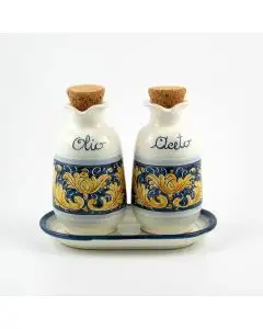 Italian oil and vinegar set with tray from the Rinascimento Blu e Giallo collection handmade by Ceramiche Rampini in Gubbio, Italy