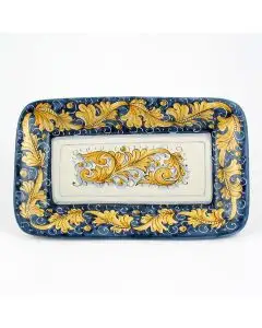 Italian rectangular tray from the Rinascimento Blu e Giallo collection handmade by Ceramiche Rampini in Gubbio, Italy