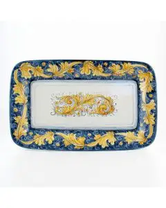 Italian rectangular tray from the Rinascimento Blu e Giallo collection handmade by Ceramiche Rampini in Gubbio, Italy
