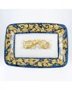 Italian rectangular platter from the Rinascimento Blu e Giallo collection handmade by Ceramiche Rampini in Gubbio, Italy