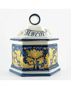 Italian cookie jar from the Rinascimento Blu e Giallo collection handmade by Ceramiche Rampini in Gubbio, Italy