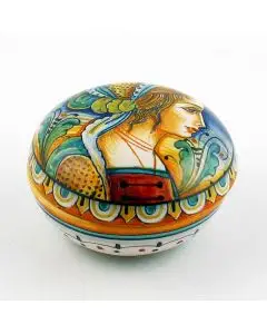 Italian small keepsake box featuring a Renaissance-style portrait handmade by Alvaro Binaglia in Deruta Italy - main image