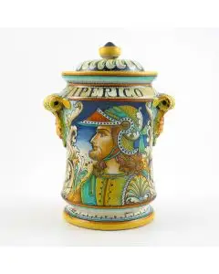 Italian apothecary jar  featuring a Renaissance-style portrait of a warrior with long hair handmade by Alvaro Binaglia in Deruta Italy - main image
