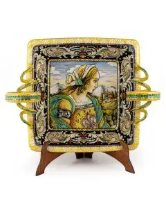 Italian centerpiece featuring a Renaissance-style portrait of Julia Bella handmade by Alvaro Binaglia in Deruta Italy - main image