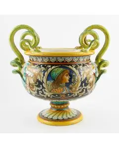 Italian footed bowl featuring a Renaissance-style portrait of Angiolo handmade by Alvaro Binaglia in Deruta Italy - main image