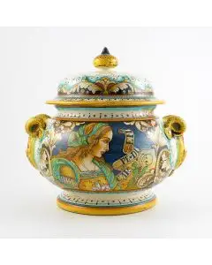Italian jar with scrolled handles featuring a Renaissance-style portrait of Julia Bella handmade by Alvaro Binaglia in Deruta Italy - main image