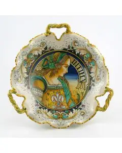 Italian centerpiece featuring a Renaissance-style portrait of Julia Bella handmade by Alvaro Binaglia in Deruta Italy - main image