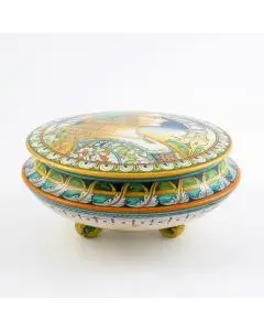 Italian footed box jar featuring a Renaissance-style portrait of a woman with pearls handmade by Alvaro Binaglia in Deruta Italy - main image