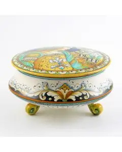 Italian footed box jar featuring a Renaissance-style portrait of Julia Bella handmade by Alvaro Binaglia in Deruta Italy - main image