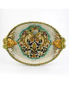 Italian centerpiece featuring a Renaissance-style design of dolphins handmade by Alvaro Binaglia in Deruta Italy - main image
