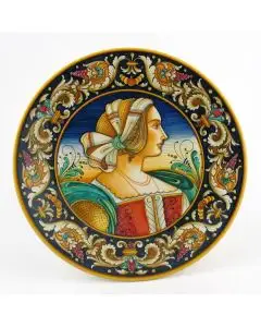 Italian wall plate featuring a Renaissance-style portrait of Artemisia handmade by Alvaro Binaglia in Deruta Italy - main image