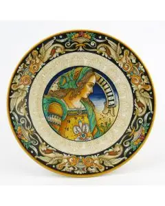 Italian wall plate featuring a Renaissance-style portrait of Julia Bella handmade by Alvaro Binaglia in Deruta Italy - main image