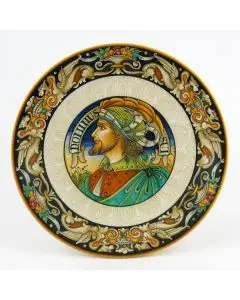 Italian wall plate featuring a Renaissance-style portrait of Antonio Bello handmade by Alvaro Binaglia in Deruta Italy - main image