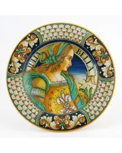 Italian wall plate featuring a Renaissance-style portrait of Julia Bella handmade by Alvaro Binaglia in Deruta Italy - main image