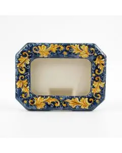 Italian hand-painted ceramic photo frame from the Rinascimento collection handmade by Ceramiche Rampini in Gubbio, Italy