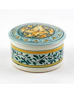 Italian hand-painted ceramic keepsake box from the Rinascimento collection handmade by Ceramiche Rampini in Gubbio, Italy