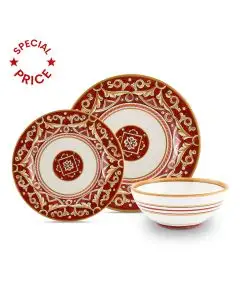 Handmade Italian 3-piece place setting Barocco Rosso: dinner plate, salad & dessert plate, cereal bowl. Deruta, Italy