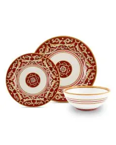 Handmade Italian 3-piece place setting Barocco Rosso: dinner plate, salad & dessert plate, cereal bowl. Deruta, Italy