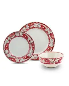 Handmade Italian 3-piece place setting Rinascimento Rosa e Bianco: dinner plate, salad & dessert plate, cereal bowl. Gubbio, Italy